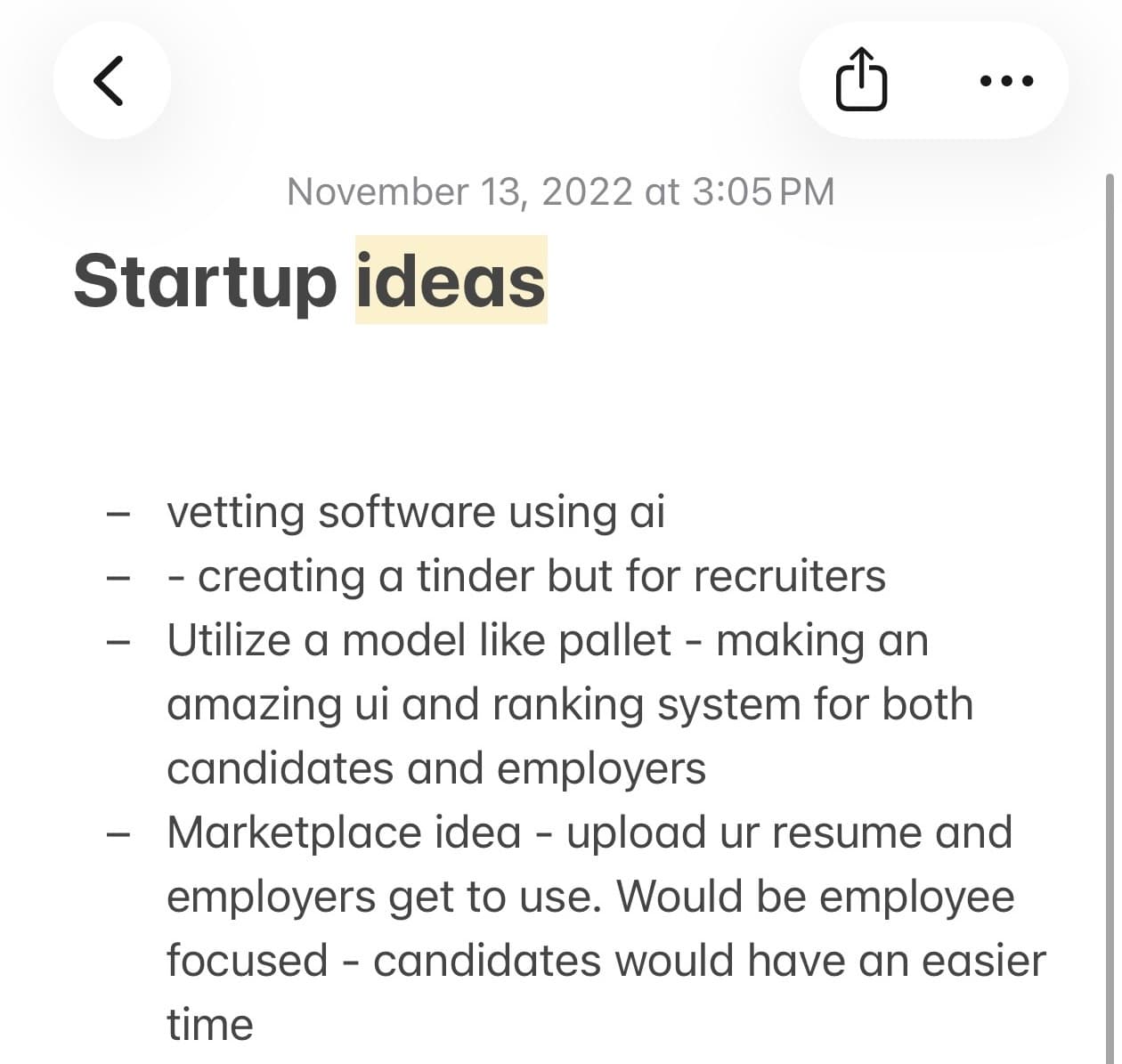 November 2022 Apple Note listing recruiting software and candidate marketplace ideas