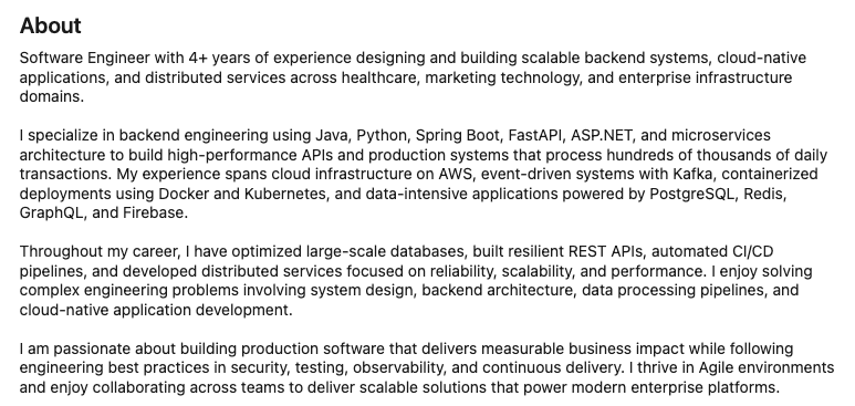 A LinkedIn About section with several long paragraphs