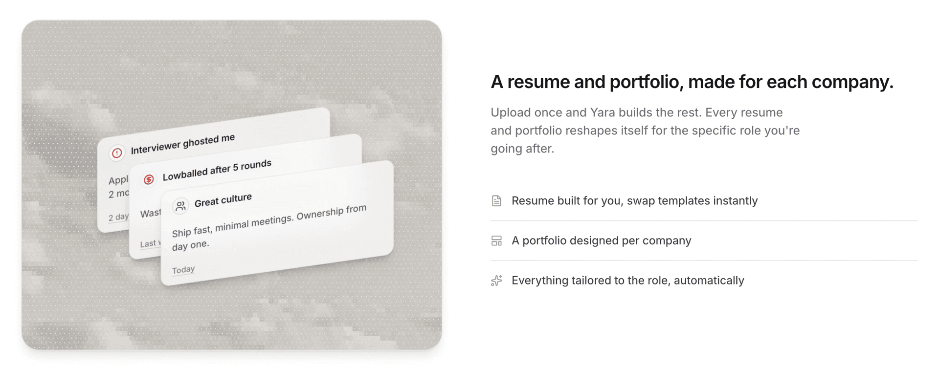 A resume and portfolio, made for each company: a fanned stack of resumes tailored per role.