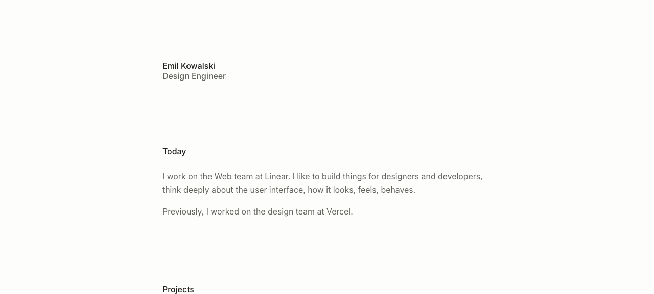 Emil Kowalski's portfolio, a clean design engineer homepage