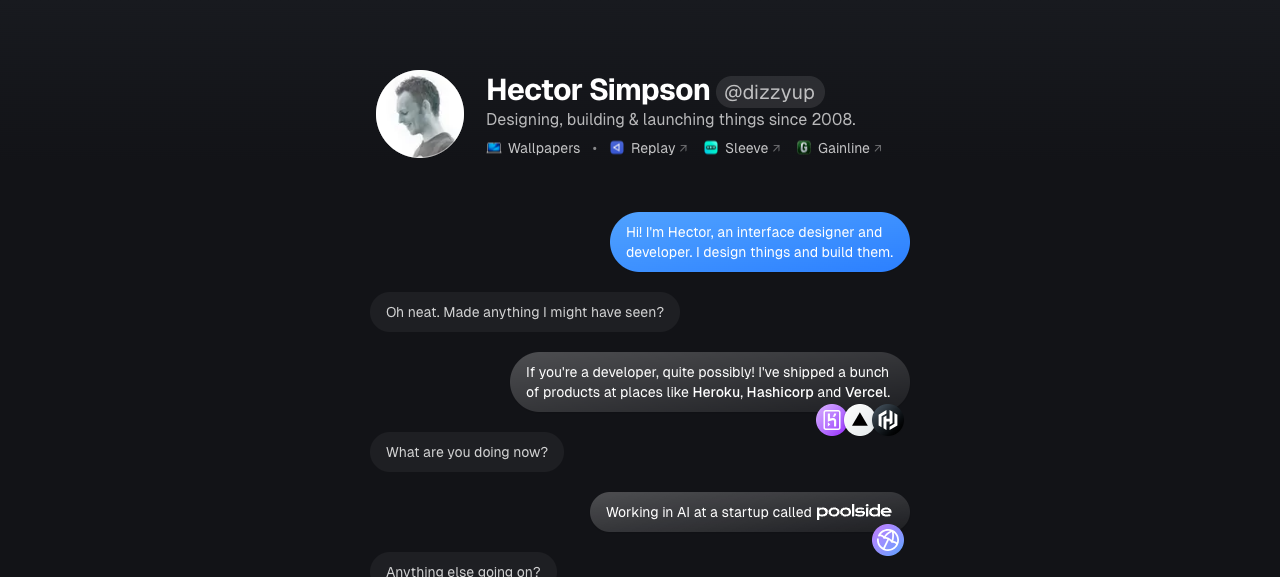 Hector Simpson's portfolio, the whole homepage is an iMessage-style chat