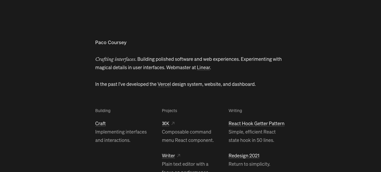 Paco Coursey's portfolio homepage, a dark single column with a one-line bio and short lists
