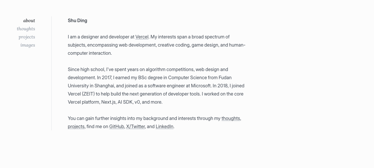 Shu Ding's portfolio, a quiet serif nav and a plain bio