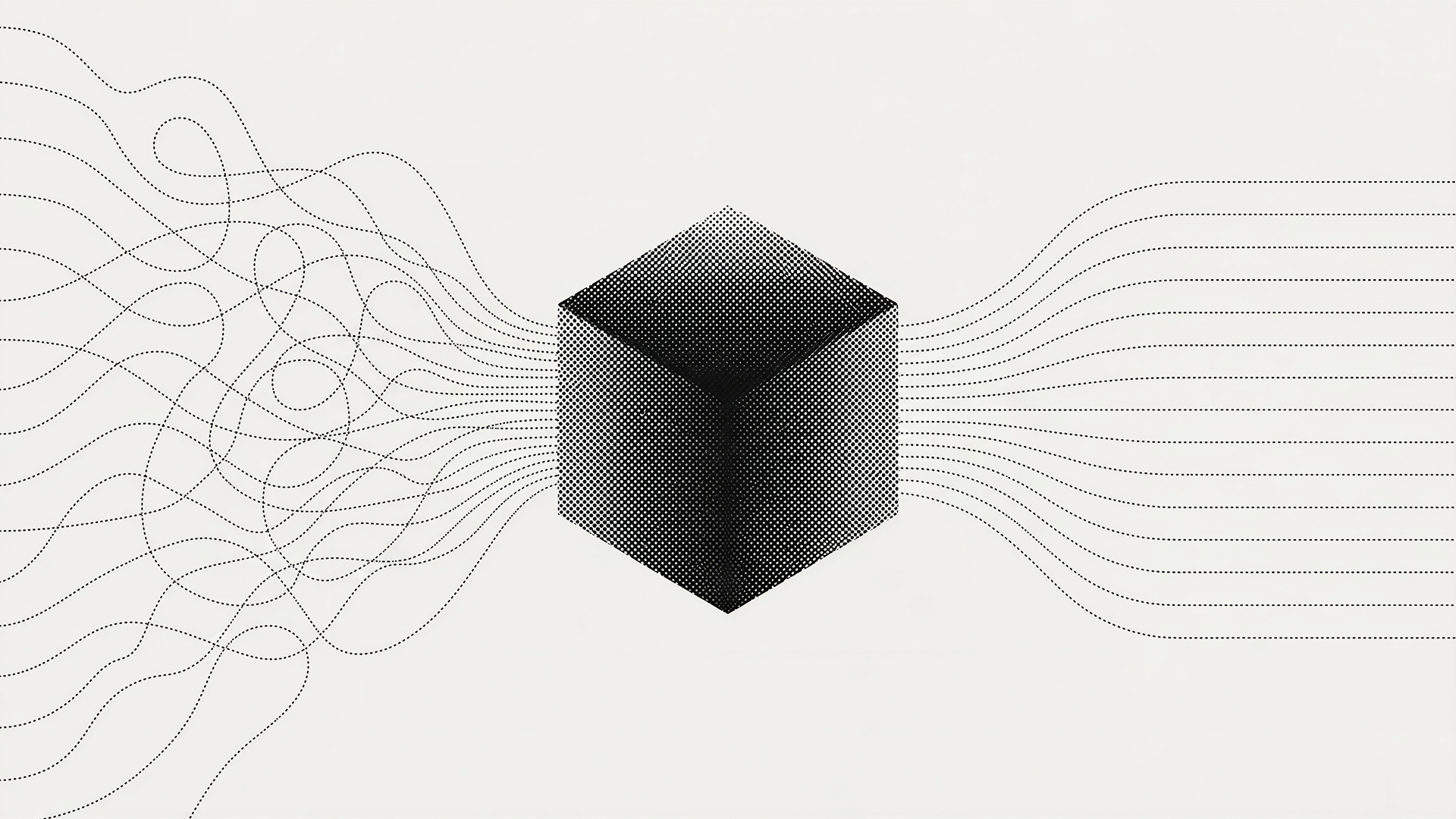 Tangled dotted lines flow into a black halftone cube and emerge as clean parallel lines.